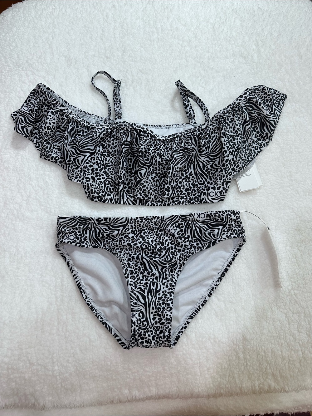 Girl’s Calvin Klein Black & White Animal Print Ruffle Bikini Set